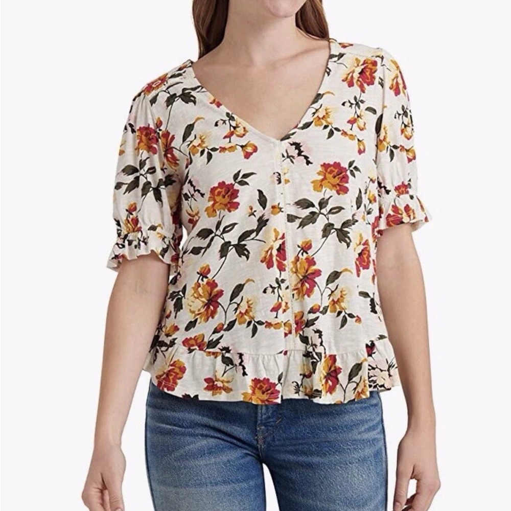 Lucky Brand Floral Short Sleeve Cotton Top M